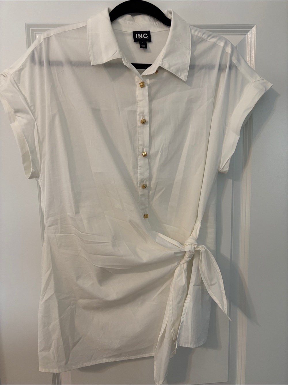 INC International Concepts White Short-Sleeve Tie-Waist Button Front Blouse